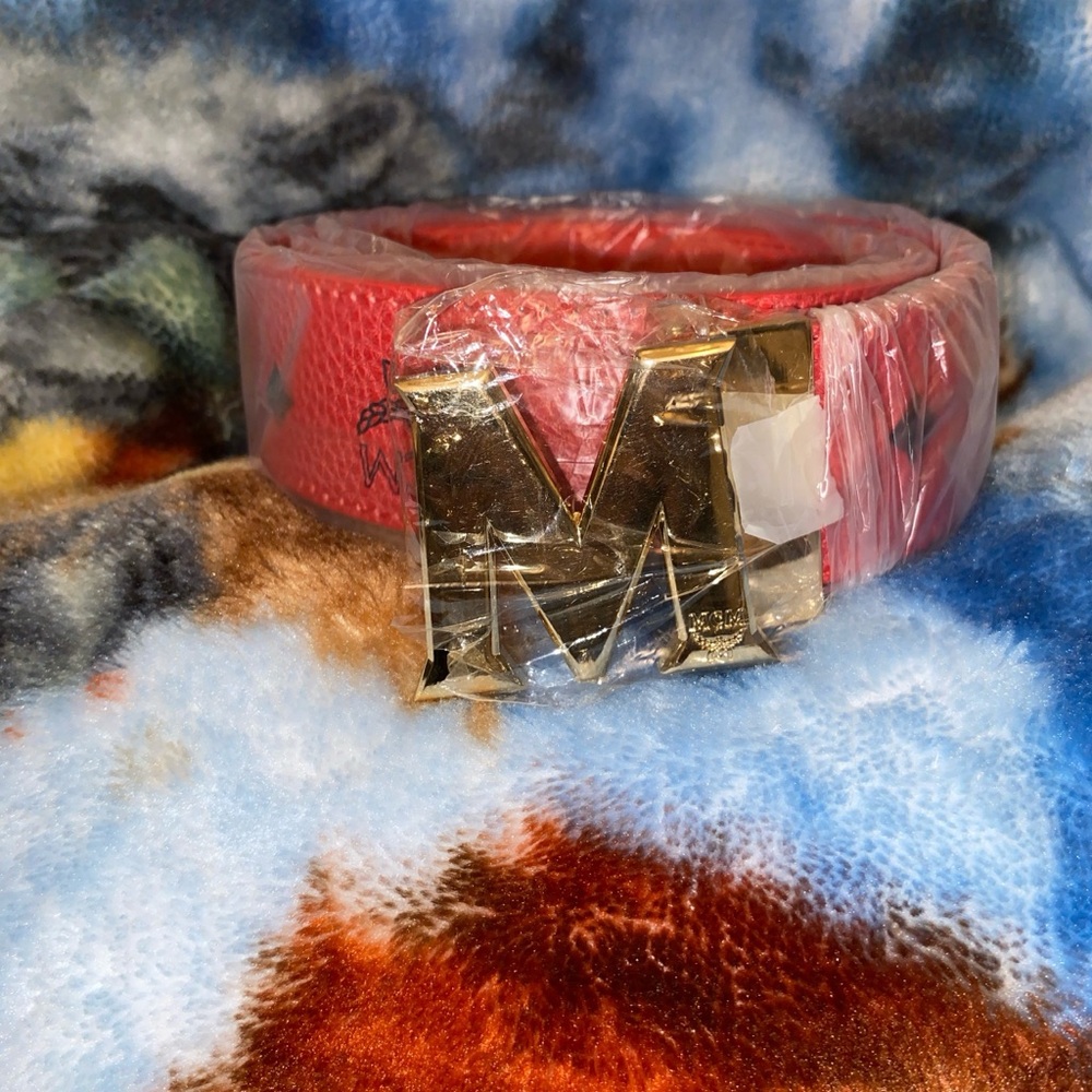 MCM Red Belt with Gold M Buckle